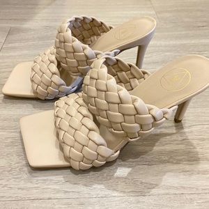Tan woven heels. 
 worn once for photo #missguided